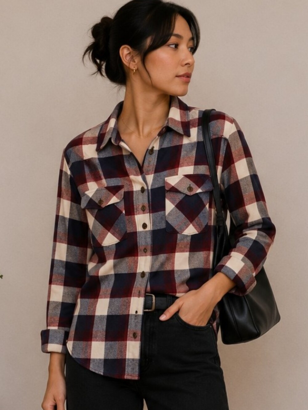 RVCA Womens Burgundy, Navy & White Plaid Button-Down Shirt